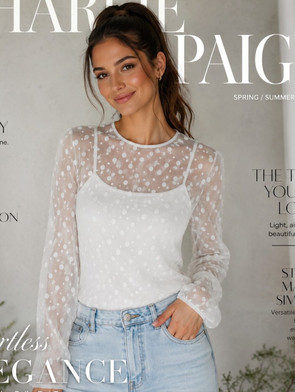 Charlie Paige Creamy White Sheer Polka Dot Long Sleeve Top Sz L -XL